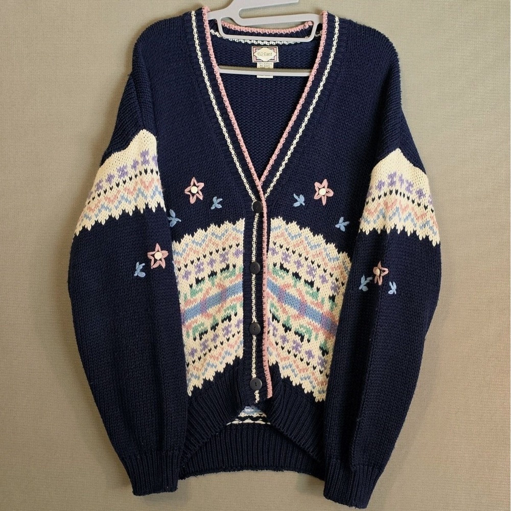 Vintage 62 East Sweater Womens L Navy Blue White Button Cardigan Knit Mock Neck